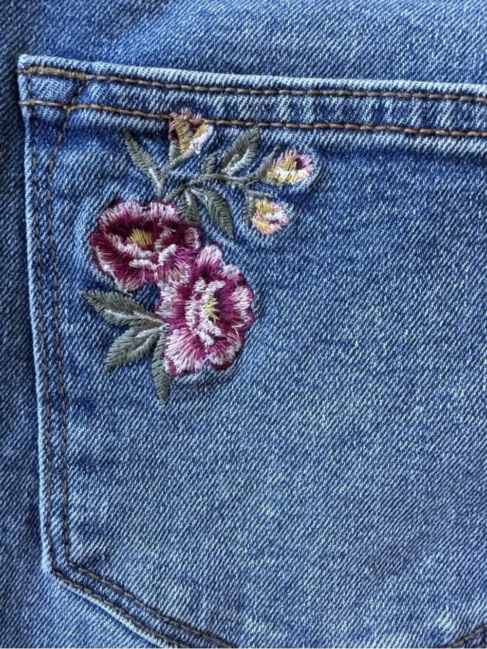 DRIFTWOOD Blue Straight Leg Jeans with Floral Embroidered Cuffs - Picture 5 of 7